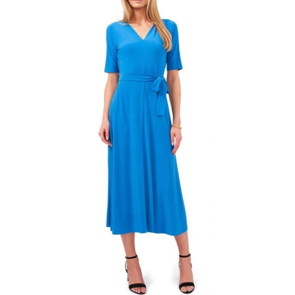 MSK Dresses & Skirts - MSK Women's Blue Stretch Tie Pull Over Style V Neck Midi Sheath Dress